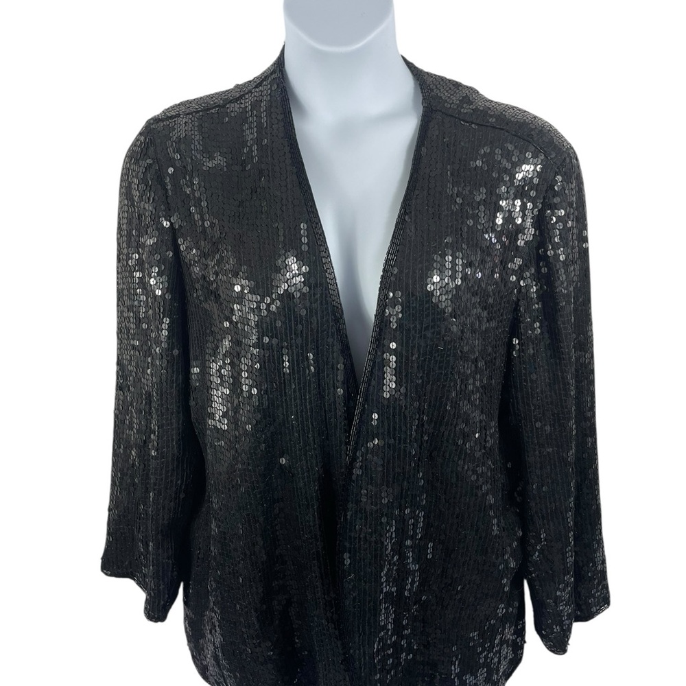 Saks‎ Fifth Avenue Black Silk Sequined Evening Open Front Jacket, Size 1X
